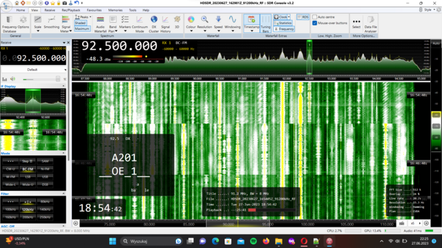 Screenshot of SDR Console receiving ORF O1, 1st programme of Austrian public radio, on 92.5 MHz from Innsbruck, 1045km away, via Sporadic-E into NE Poland at 16:54 UTC June 27th, 2023. Decoded RDS data: PI A201, PS __OE_1__