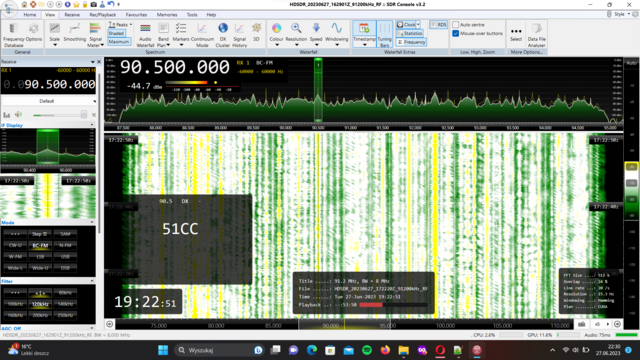 Screenshot of SDR Console receiving Radio Maria from Italy on 90.5 MHz, likely from Castel San Pietro Terme, 1249km away, via Sporadic-E into NE Poland at 16:47 UTC June 27th, 2023. The DX station overpowered my local high-power station 67 km away! Decoded RDS PI code: 51CC.