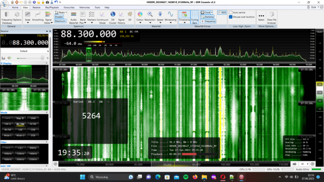 Screenshot of SDR Console receiving RDS - Radio Dimensione Suono from Italy on 88.3 MHz, likely from Volturino, Foggia province, 1381km away, via Sporadic-E into NE Poland at 16:47 UTC June 27th, 2023. The DX station overpowered my local high-power station 67 km away! Decoded RDS PI code: 5264.