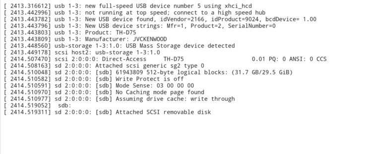 The "dmesg" output from my Linux (Fedora 39) laptop, showing how it detected my TH-D75 when I plugged the USB cable into the laptop. It was recognized, and mounted to the operating system. No mention of the details of the microSD card, just the details of the radio and its manufacturer appeared. 