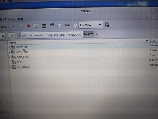 Closeup of the display on my Linux (Fedora 39) laptop, showing several folders on the TH-D75's microSD card. 