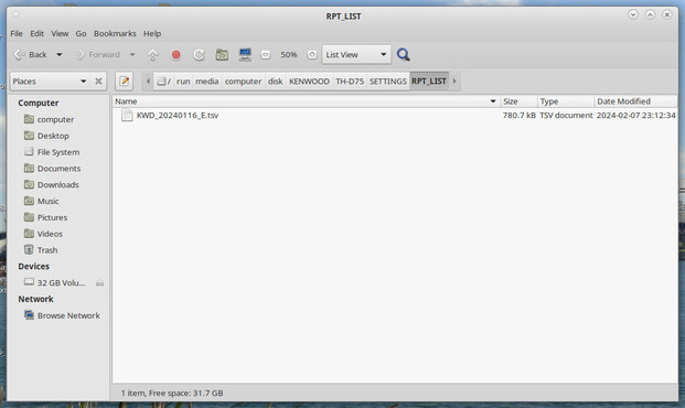 My Linux (Fedora 39) laptop, showing a folder on my TH-D75's microSD card with the latest D-Star repeater file from the Kenwood support web site. The file was created on 16 January 2024, and is compatible with the TH-D75 and TH-D74. 