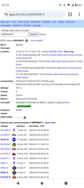 Screenshot from http://aprs.fi showing information about WD9EWK-9, when I tried my TH-D75 on the local 144.390 MHz APRS network a few days ago. The http://aprs.fi web site correctly identifies the TH-D75, and doesn't try to refer to the radio as a TH-D74, or as an unknown radio. 