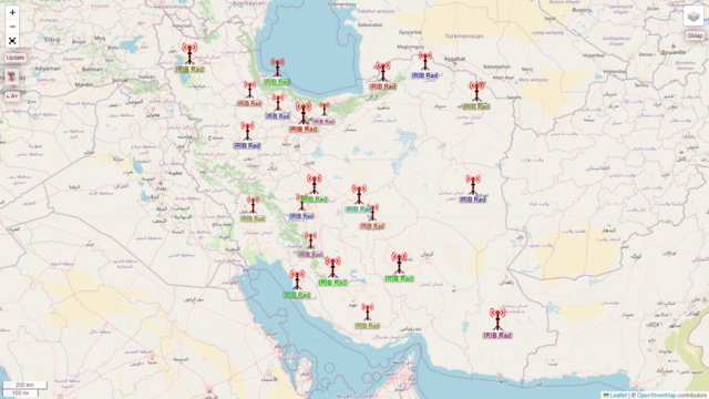 Map of IRIB Radio Iran transmitters operating on 558 kHz, courtesy fmscan.org. 10 of them are stretched across the northern portions of the country, with further 10 grouped in a cluster covering C & SW Iran, and one transmitter each in the East (Birjand) and South-East (Iranshahr).