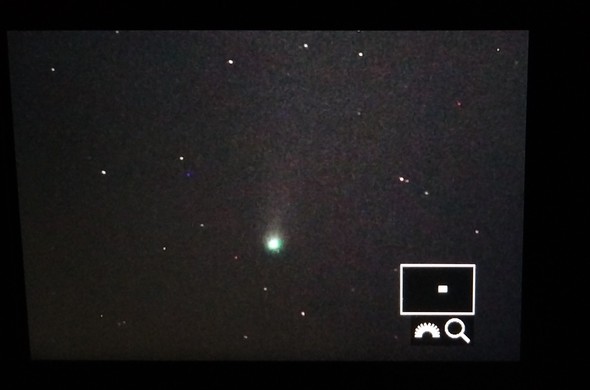 The comet appears as a greenish blob with a hint of a short white fan as a tail, surrounded by a dozen weak scattered background stars.