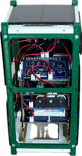 Photo of an AMSAT CubeSatSim 2U prototype showing PCBs stacked inside the frame 