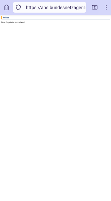 Screenshot der nicht funktionierenden Rufzeichenabfrage, wie sie zur Zeit auftritt. Auf einem weitgehend leeren weißen Hintergrund ist in winziger Schrift zu lesen (wegen der Winzigkeit fast nicht zu lesen): "Fehler Diese Eingabe ist nicht erlaubt!"

Es wurde zu dem Zeitpunkt noch keine Eingabe versucht. Nicht sachgerecht finde ich auch, dass der Server einen HTTP Statuscode von "200 OK" gibt.