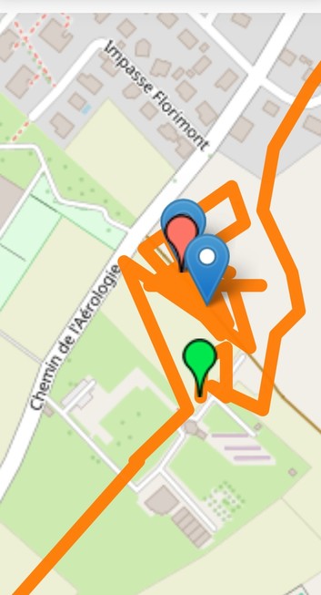 OpenStreetMap with green label the start point and red label the landing point. Made by radiosondy.info