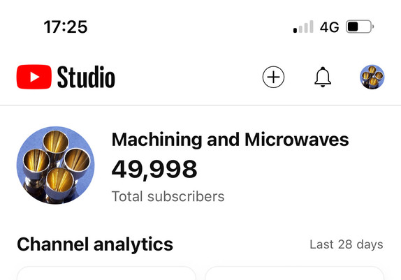 A screen grab from YouTube showing 49998 subscribers to machining and microwaves channel