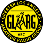 A yellow and white logo of the Greater Los Angeles Amateur Radio Group VEC. The center says "GLAARG VEC" and the letter As are little antennas.