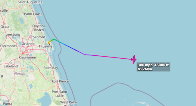 Map of the East coast of FL with a aircraft track originating at Kennedy Space Center headed East over the Atlantic. 