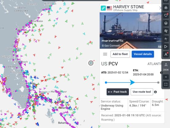 AIS map of marine traffic off the FL coast, with an inset for the offshore supply ship  Harvey Stone