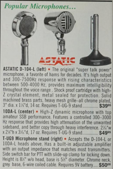 An ad with old-timey looking chrome microphones at the top and an electrified red Astatic logo. Ad is mostly text. Partial transcript follows.

Popular Microphones..
ASTATIC D-104-L (left) • The original "super talk power" microphone, a favorite of hams for decades. It's high output and 300-7500Hz response with rising characteristics between 500-4000 Hz, provides maximum intelligibility throughout the voice range. Shock proof cartridge with high-Z crystal element, metal sealed for protection. Solid machined brass parts, heavy mesh grille-all chrome plated 3" dia. x 1⅛"d, 14 oz. $39.95

T-UG9 Microphone stand (right) • Accepts the D-104-L or
1ODA-L heads above. Has a built-in adjustable amplifier with an output impedance that matches most transmitters.
Side switch bar for PTT with slide-up clamp for locking down.
Height is 8½" w/o head, base is 5½™ diameter. Chrome neck, grey base, 6-wire coiled cable. Requires 9V battery.... $50.00