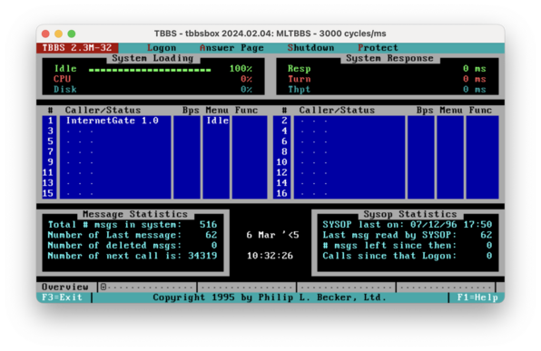 A screen shot of a TBBS bulletin board system running in TBBSBox software, showing a last sysop login date of July 1996.