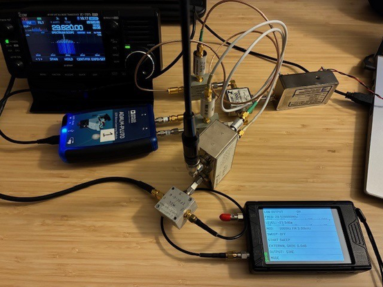 Photo of the setup used for HC09 using Pluto SDR, 100 MHz offset oscillator, two sets of mixers and low pass filters.