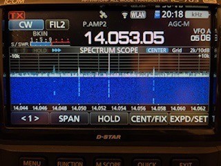 Photo of IC-705 at 14.053 MHz after working AB9CA during his POTA activation.