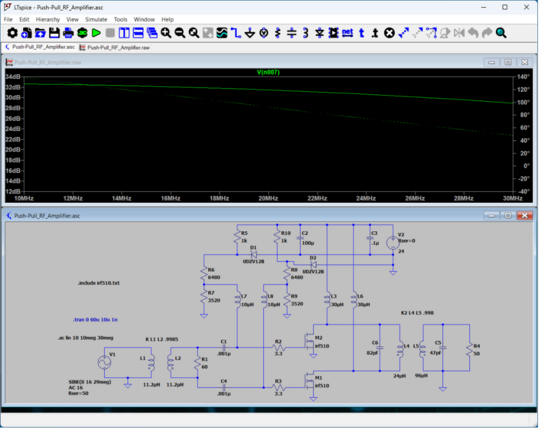 Screen capture of the 10-30MHz RF amplifier simulation running in LT-Spice on the Win11 Ham PC. The upper portion is the simulation results showing gain decreasing slightly from 32.6 to 28.8 dB over the frequency range. The lower portion shows the schematic, including 4.2V bias network for the IRF510 devices.