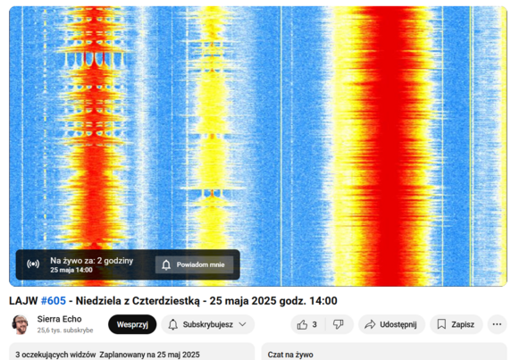 LAJW #605 - Niedziela z Czterdziestką - 25 maja 2025 fodz. 14:00

Pod tytułem standardowa miniaturka z kawałka wodospadu SDR-a, odbierającego kilka stacji radiowych FM.