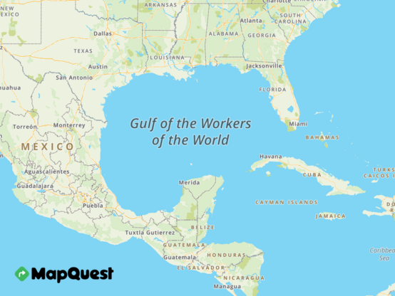 A map where the Gulf of Mexico is labeled “Gulf of the Workers of the World” 